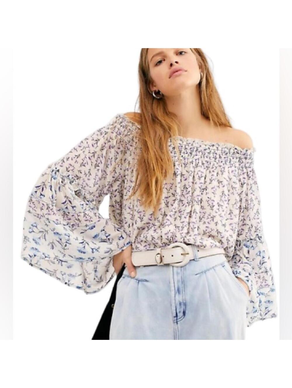 Free People Rose Valley Floral Off Shoulder Top Medium White Boho Cottagecore